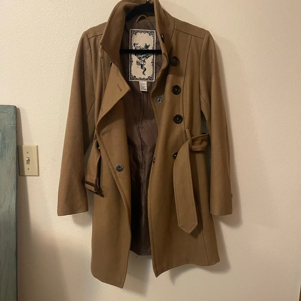 Wool Blend Tan Double-Breasted Coat - Picture 14 of 16